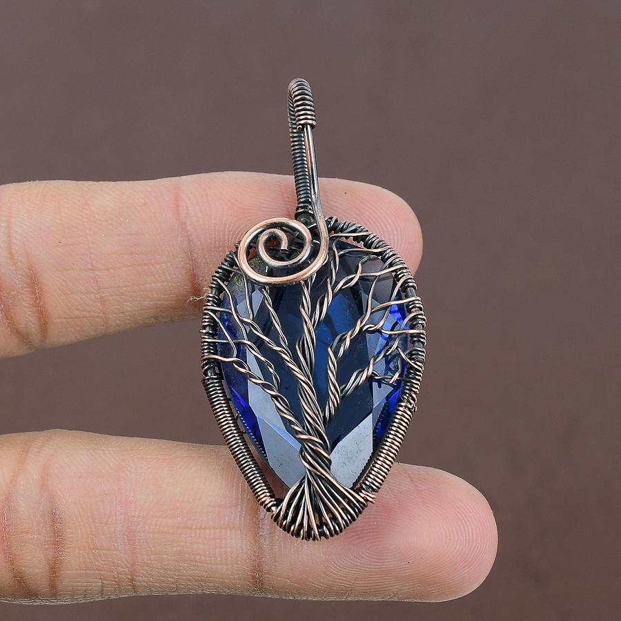 Natural Tree Of Life London Blue Topaz Copper Wire Wrap Pendant 2.36" v2I38