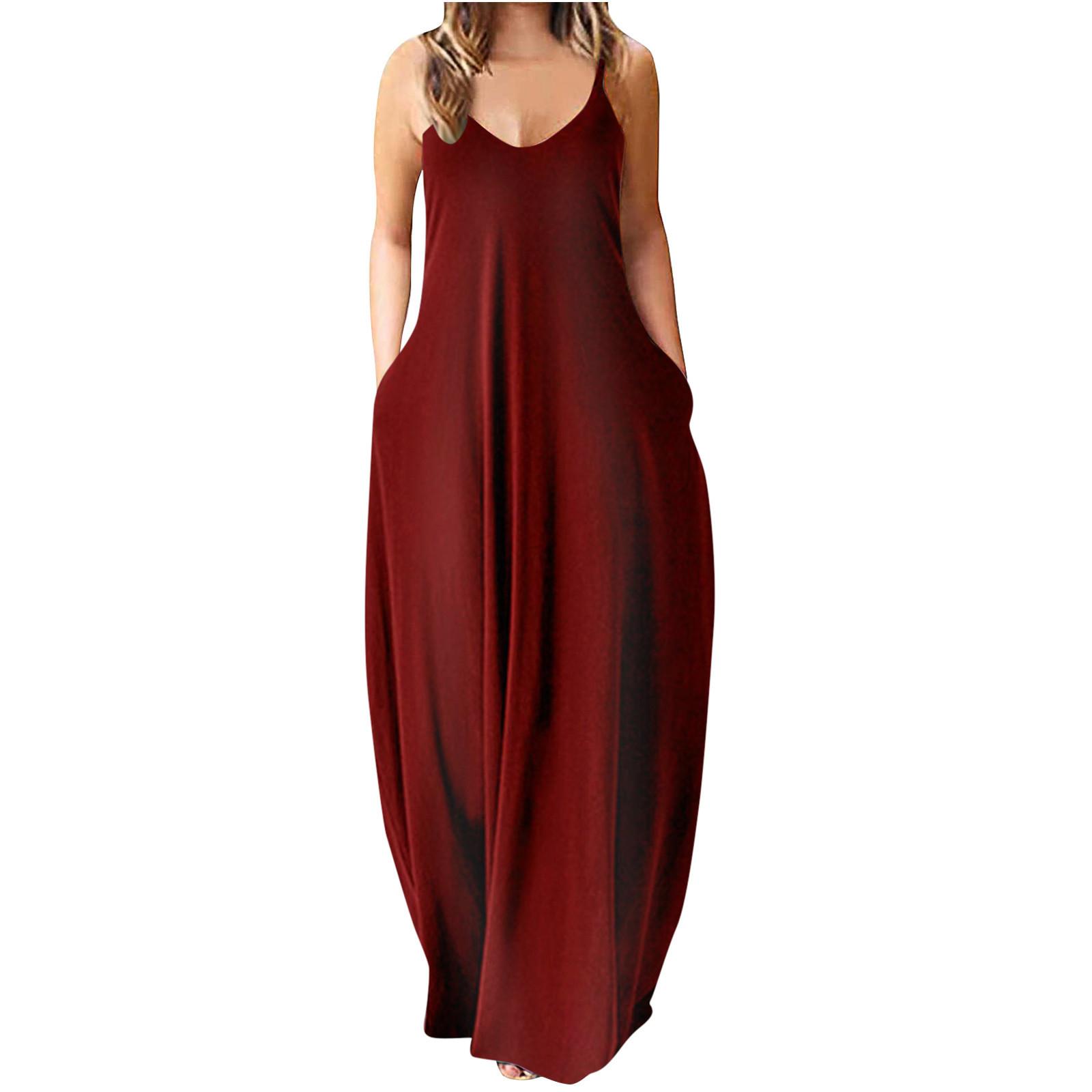 

Женские свободные простые макси-платья без рукавов, повседневное длинное платье на бретельках с карманами XXXXL винный