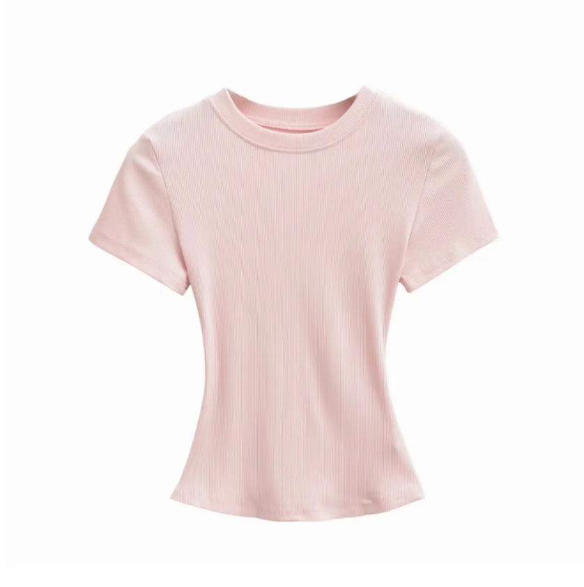 Summer New Female American Spice Girl Solid Color Crew Neck Short Sleeve T-Shirt Basic Threaded Bottom Top