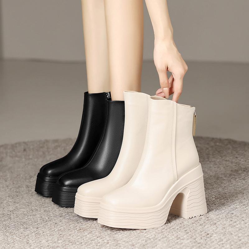 High-heeled thick-soled leather Martin boots 2025 new British style simple and versatile square head waterproof table thick-heeled short boots women