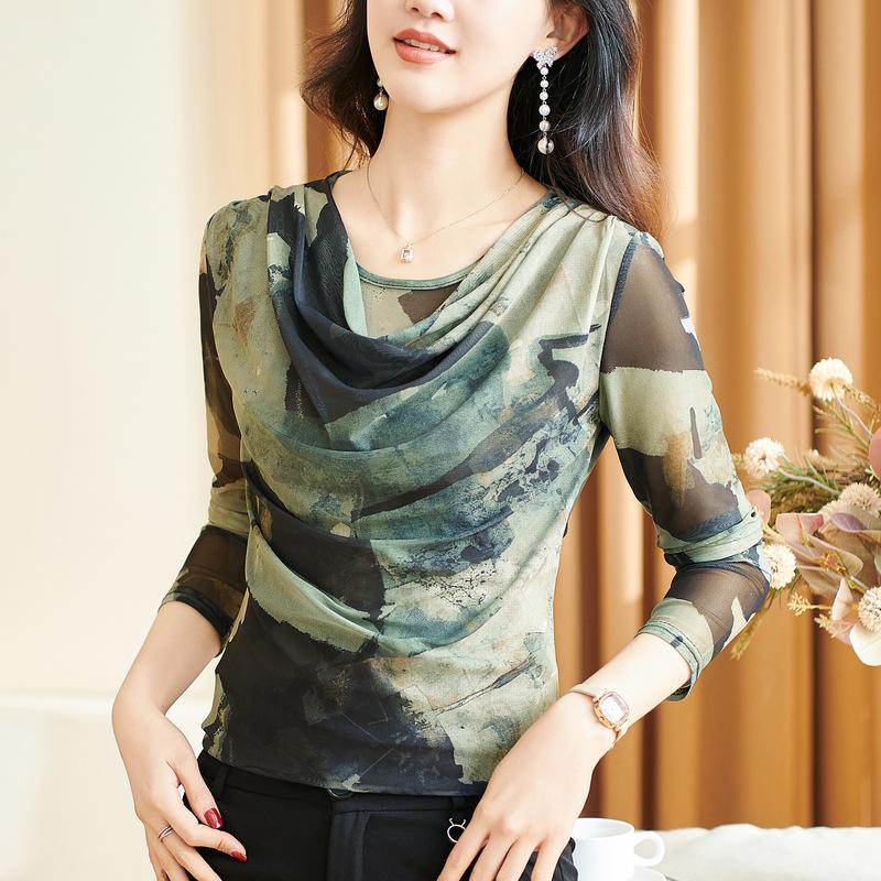 Korean Mesh Print Temperament Collision Color Mesh Yarn Round Neck Fashion Bottoming Shirt Inside Slim Hundred Mom Pleated Long-sleeved T-shirt Female