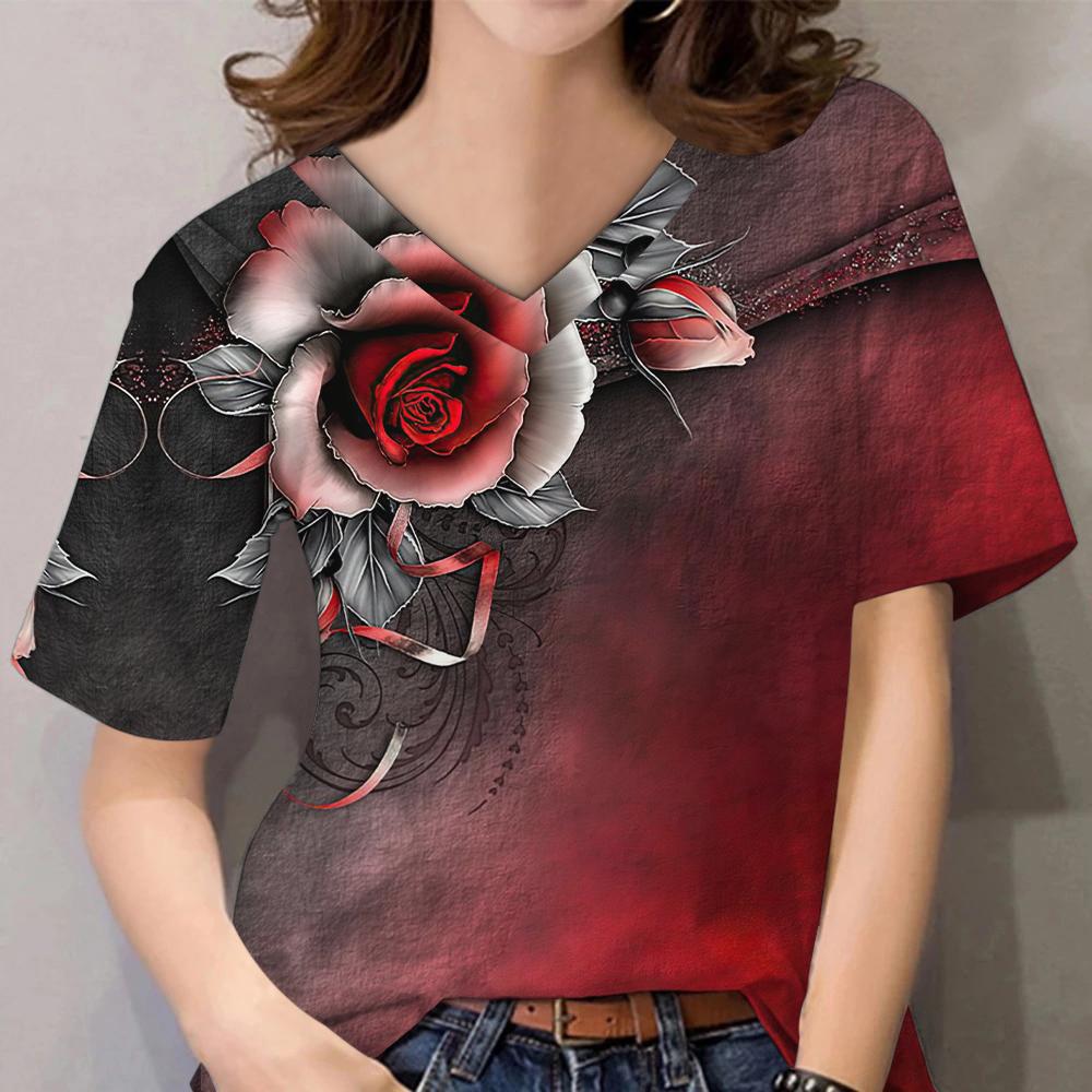 3D Floral Print Women Short Sleeve Tops V Neck Summer Lovers Couples T Shirt