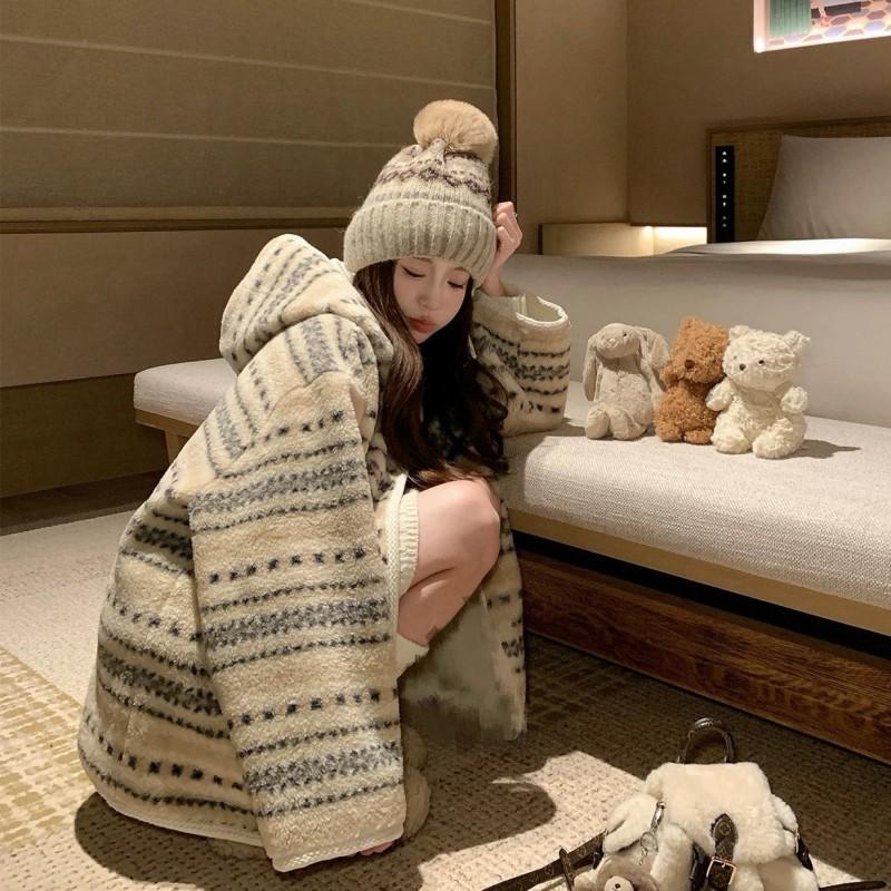 Womens Oversized Fleece Hooded Coat With Fair Isle Winter Warm Thick Outwear Home Or Street Wear