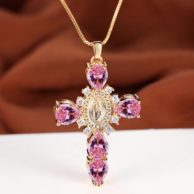 Collier croix en Zircon rose or, mode exquise, collier de prière chrétienne de jésus