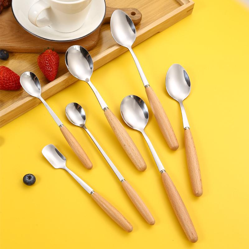 Rustfritt stål trehåndtak Knivgaffel Hjemmerestaurant Frukt Isskje Suppe Risskje Spisepinner Bestikk til kjøkkenbestikk