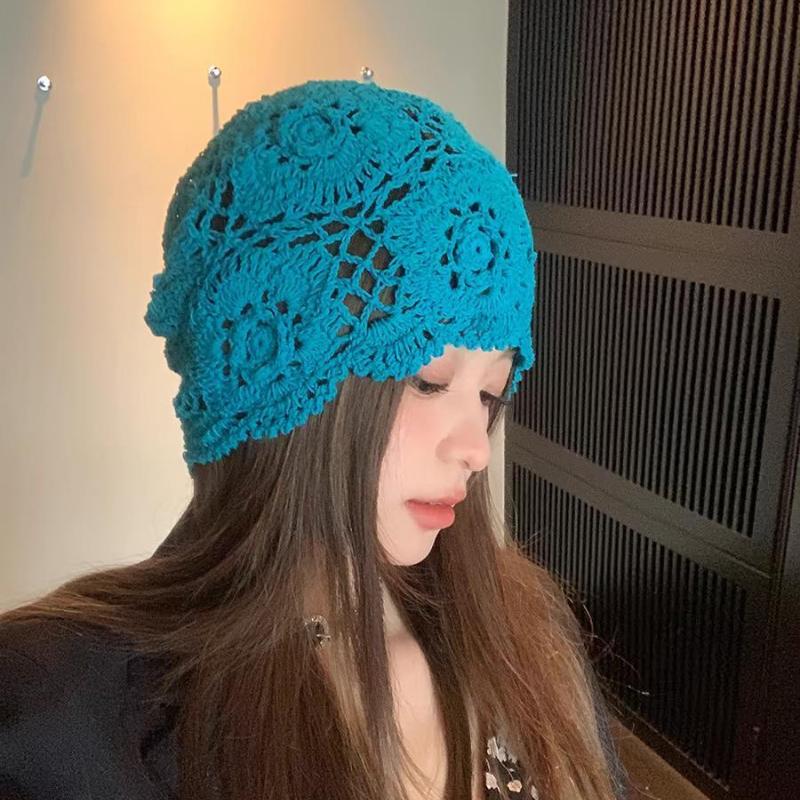 Bohemian Ethnic Style Handmade Head Wrap Hat Niche Design Spring Summer Thin High-end Blue Crochet Cap