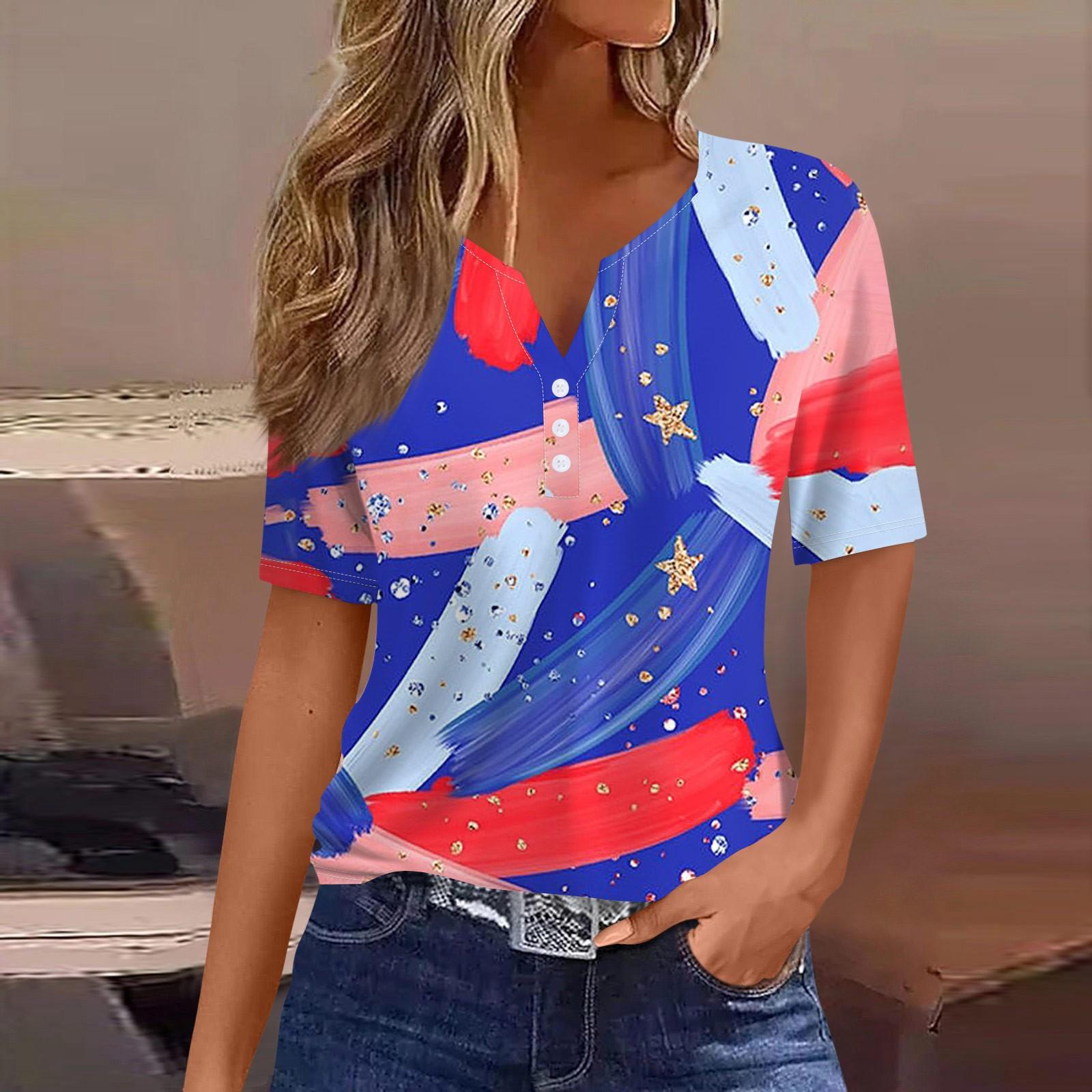 

Жен. Футболка Футболка День независимости С принтом Пуговицы С короткими рукавами Повседневные Выходные Мода Классический Классический V-образный вырез Обычный Топ XL