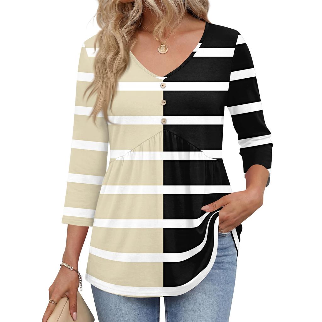 Women’s 3/4 Sleeve V Neck Button Decor Top with Geometric Print Casual Loose Fit Blouse for Daily Wear