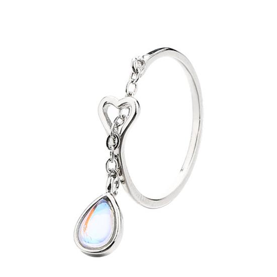 

Yousheng Women Ring Faux Moonstone Geometric Opening Design Adjustable All-match Jewelry Gift Cubic Zirconia Ladies Water Drop Tassel Party Finger срібний