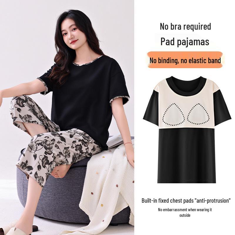 Women's Antibacterial Cotton Pajamas with Built-in Bra Pads - Short Sleeve, Cute & Comfortable Summer Loungewear Set
