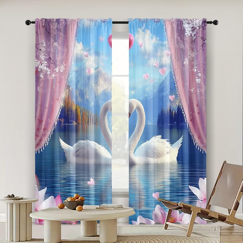 2pc,  Curtain Valentine's Day_ Swan Lake of Love Protecting Privacy Festive Wall Decor for Indoor Celebrations Decor