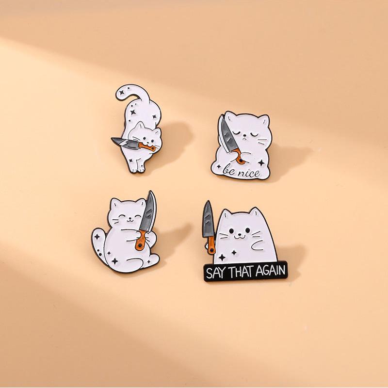 Cute Cartoon White Cat Small Knife Dagger Enamel Brooch Creative Animal Lapel Pin Badge Backpack Clothing Hat Accessories