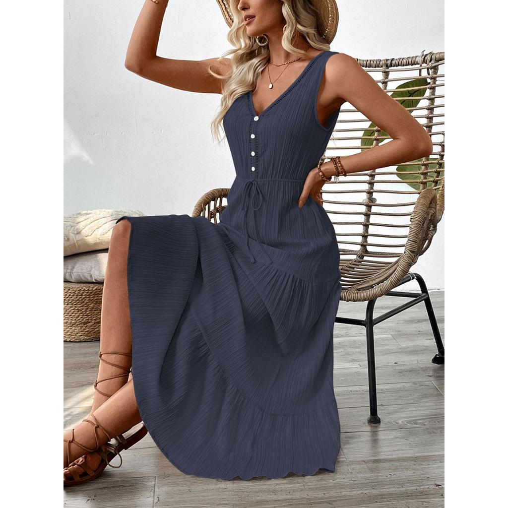 New Women's Summer Dress European Style Simple Solid Color V-neck Sleeveless Strappy Casual Dress
