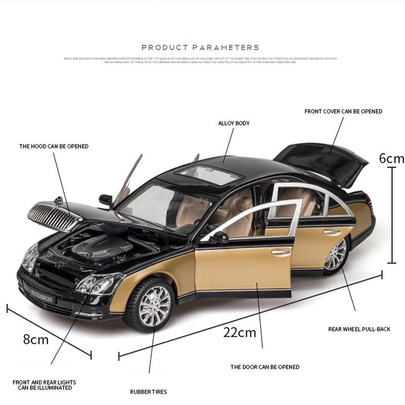 1/24 Scale Benz 62S Diecast Car Model Toy, Pull Back Toy Vehicle with Sound and Light for Kids Toddler Boys Girls Gift Collection