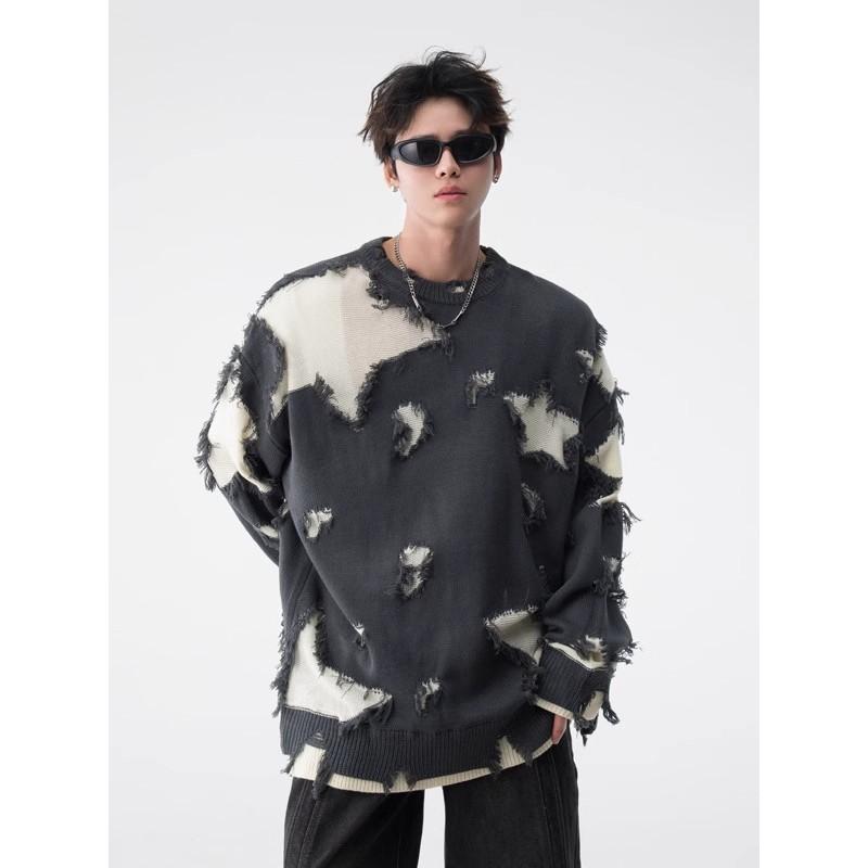 Unisex Oversized Knit Sweater With Raw Edge Hem Distressed Detail Loose Fit Casual Pullover