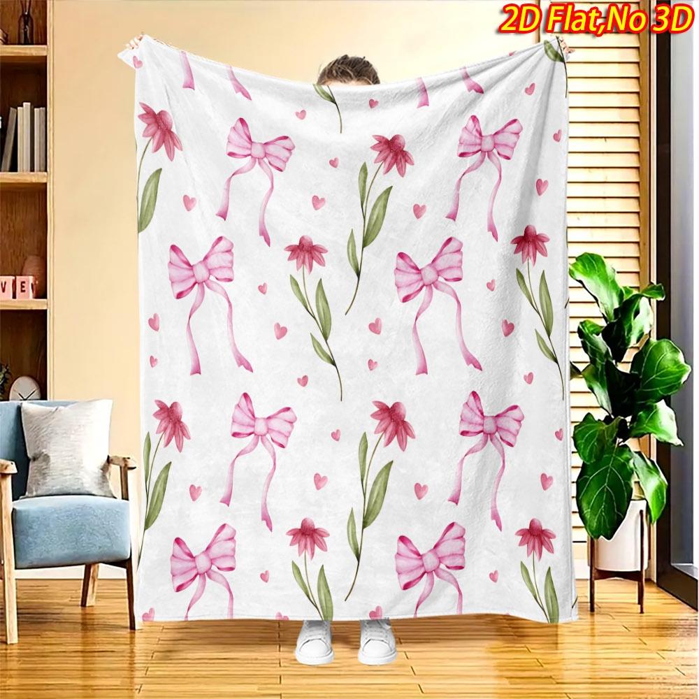1pc Pink Bow Flower Heart Blanket - Soft Flannel Throw Suitable for All Seasons, Bow & Bedspread, Machine Washable Polyester Bedding Gift for,, Couch,