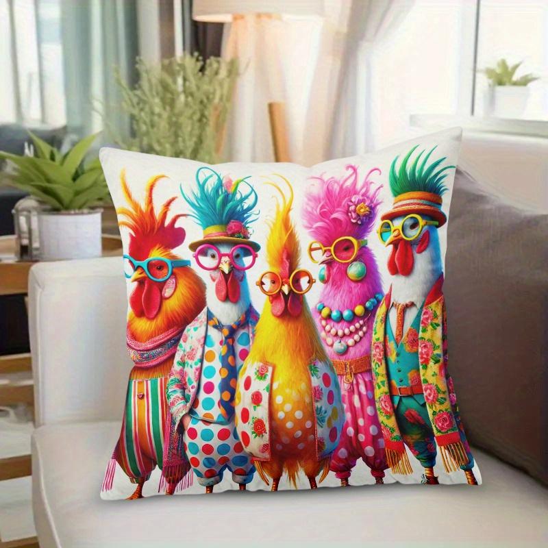 2D flat-Funky Fashion Rooster Throw Pillow Cover,Vibrant Anthropomorphic Chicken Decorative Pillow Case