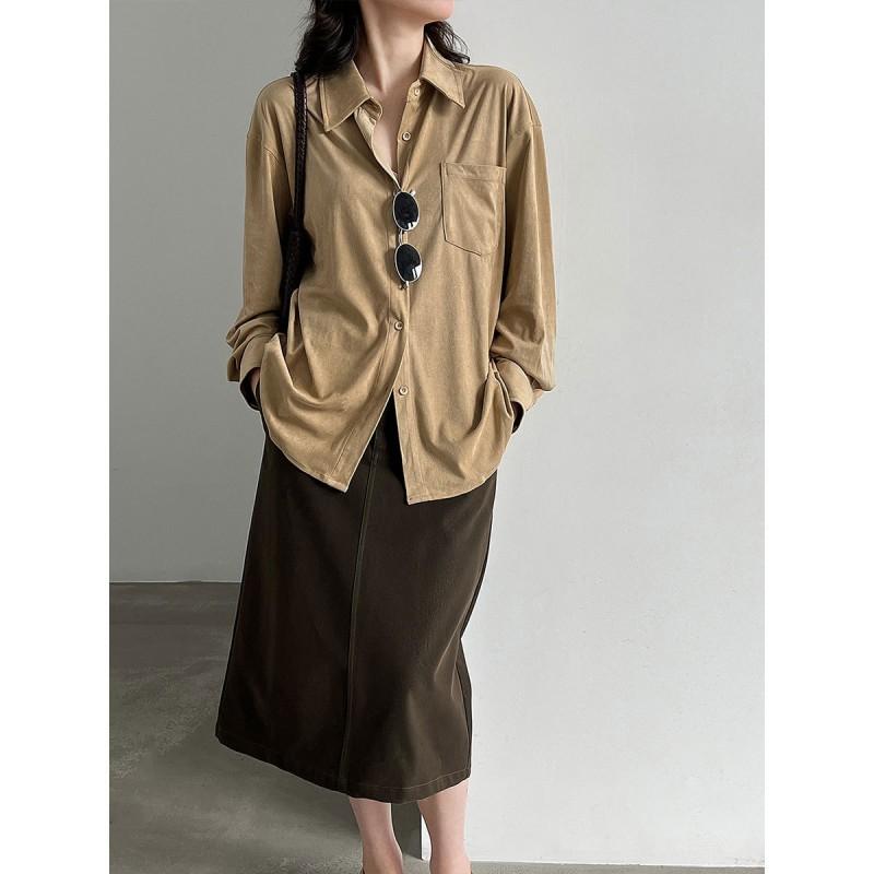 LUXI Vintage Faux Suede Shirt Women Loose Long Sleeve Blouse Workwear Layering
