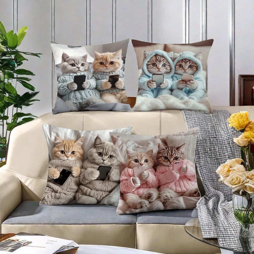 Cute Cats With Phone Pillow Cover Short Plush Polyester Cushion Case Decor Throw Pillowcase Home Deco