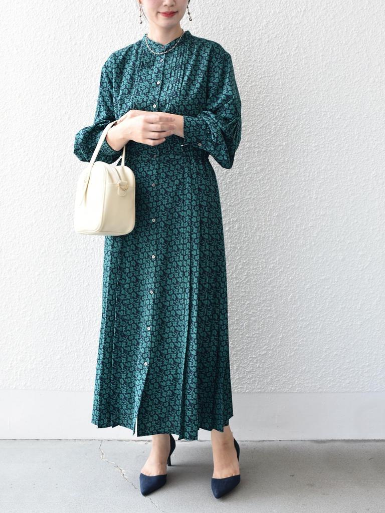 SHIPS for Women Web Hand Polka Band Side Dark Size M Dress, Exclusive, Washable, Dot/Floral Print, Collar, Pleats, Women's, 314514409, Green,