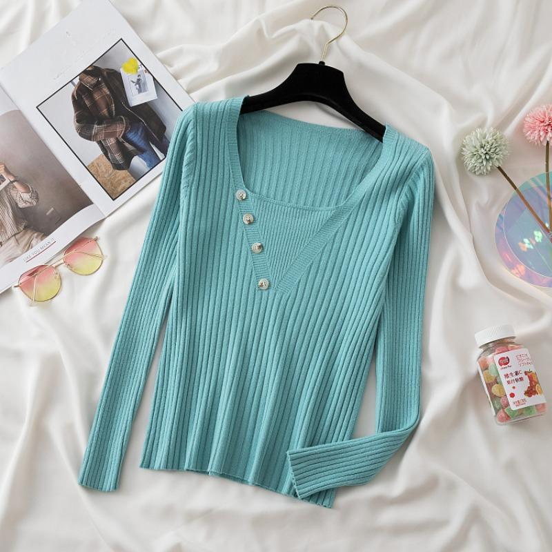 

Autumn Slim Fit Square Collar Knitted Sweater Women Fashion Long Sleeve Base Women s Sweaters Tops Elegant Buttons Casual Simple Winter Clothes 25498 One Size зелёный