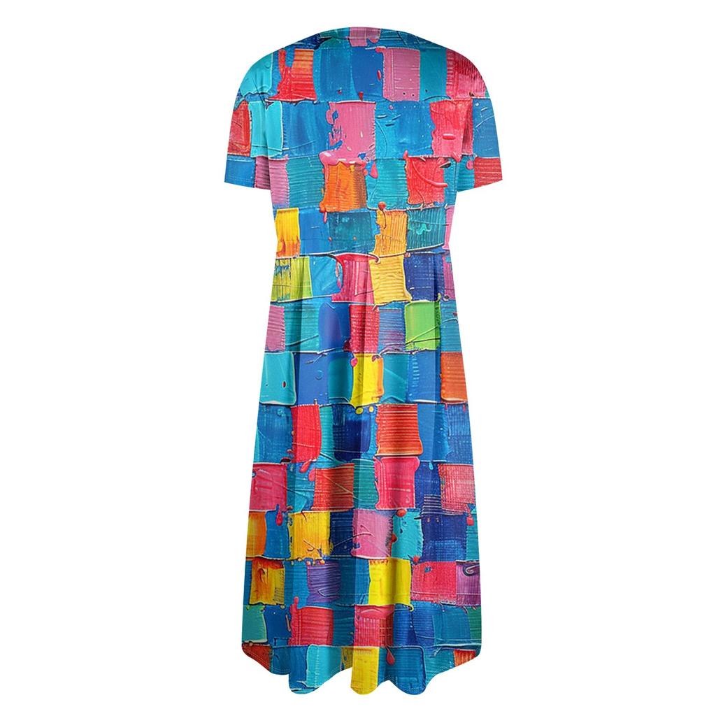 Women's Fashionable Print Round Neck Short Sleeved Loose Hem Pocket Dress
