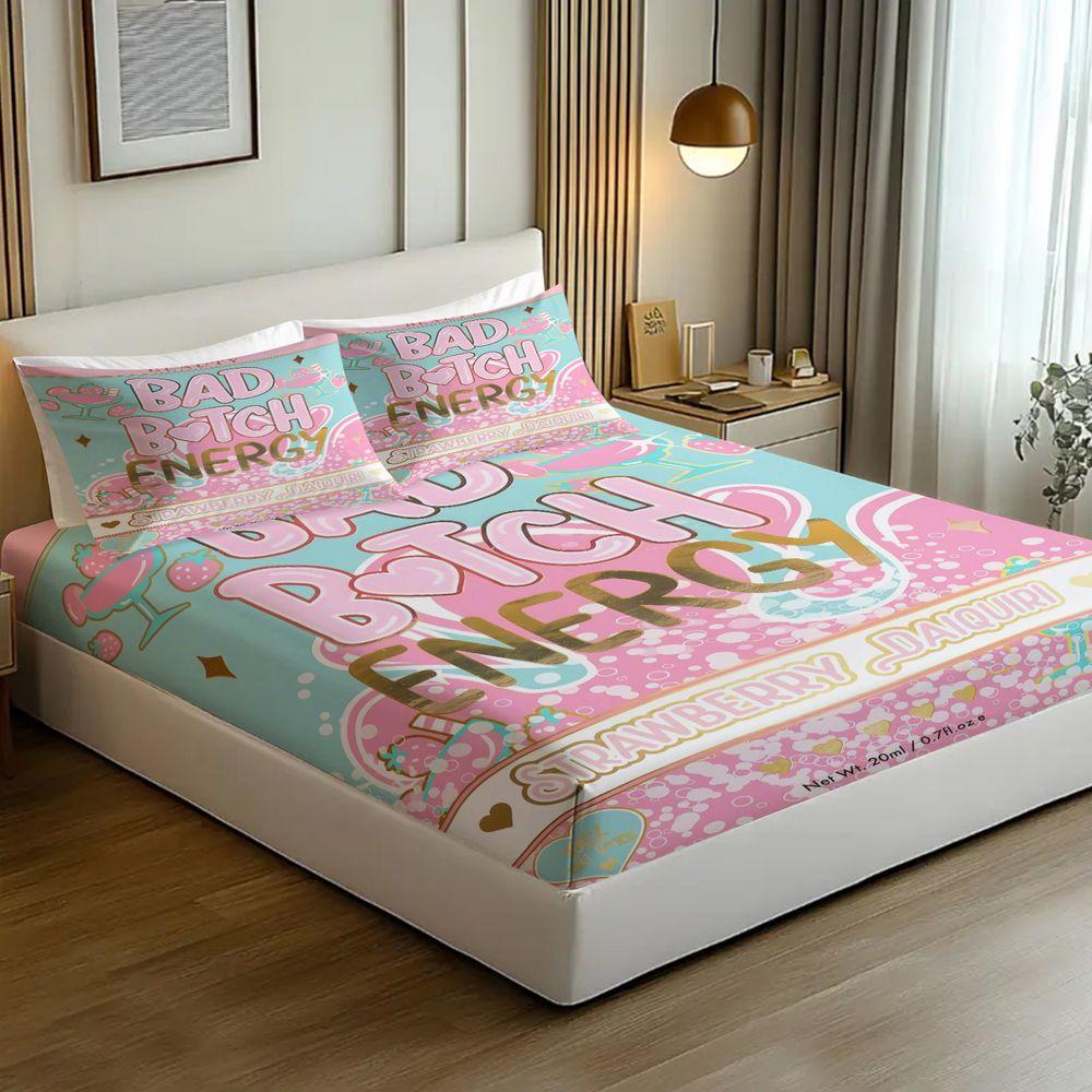 3Pcs Strawberry Daiquiri Print Bedding Set Fitted Sheet Set Bed Sheets Set Aesthetic Bad Pink Soft Bedding For Teen Girl Room