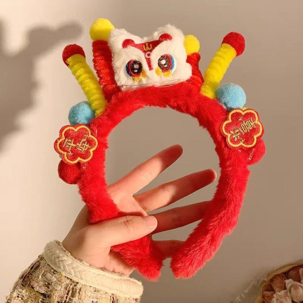 Embroidered Bow New Year Hair Hoop Lion Hanfu Hair Accessories Sweet Red Plush Headband  Kids