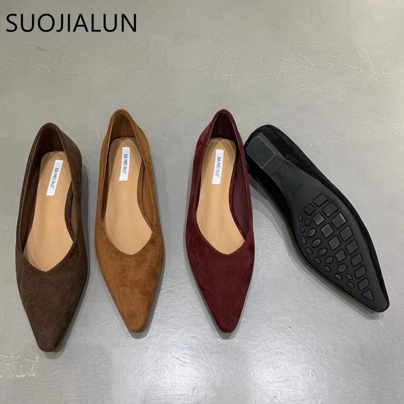 Fashion SUOJIALUN 2024 Autumn Women Flat Shoes Fashion Pointed Toe Shallow Slip On Baot Shoes Soft Low Heel Outdoor Dress Single Shoes