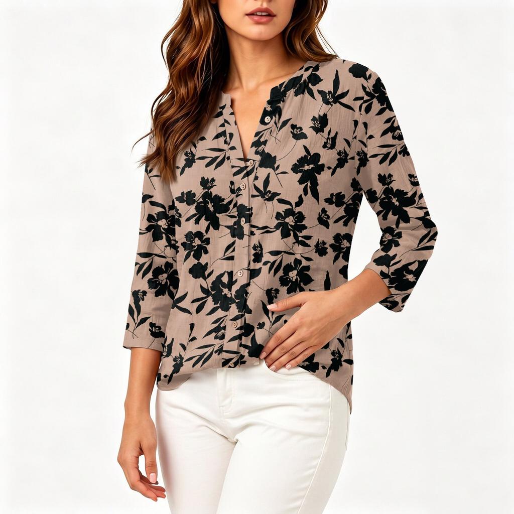 Camicia da Donna Vintage con Stampa Floreale Henley Collo a Bottoni Manica 3/4 in Misto Cotone Lino Top Casual Vestibilità Larga per l'Uso Quotidiano