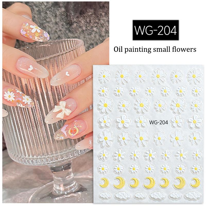 Oil Painting Flower Nail Sticker Embossed Daisy Self-Adhesive Decals Nail Art Decoration Diy Manicure Design