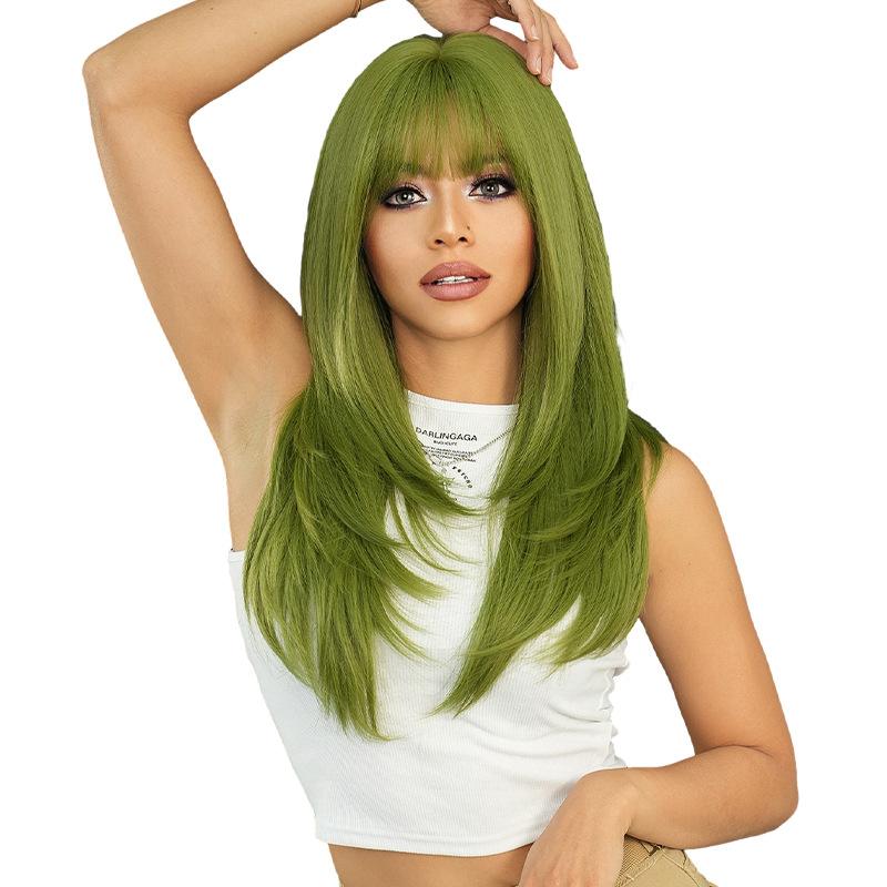 European and American Style Women's Party Wig Vanilla Green Long Straight Wig Layered Synthetic Full Wig
