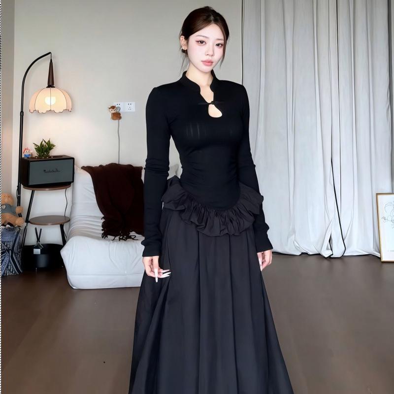 Elegant Plus Size Black Long Sleeve Chinese Style Curvy Dress with Waist-Cinched Bud Skirt - Autumn Collection