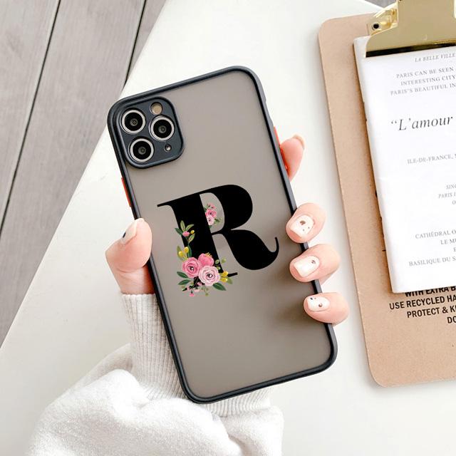 Black Letter Flower Matte Phone Case For iPhone 15 12 14 Pro Max Cases For iPhone 11 13 pro Back Cover fashion Shell Coque