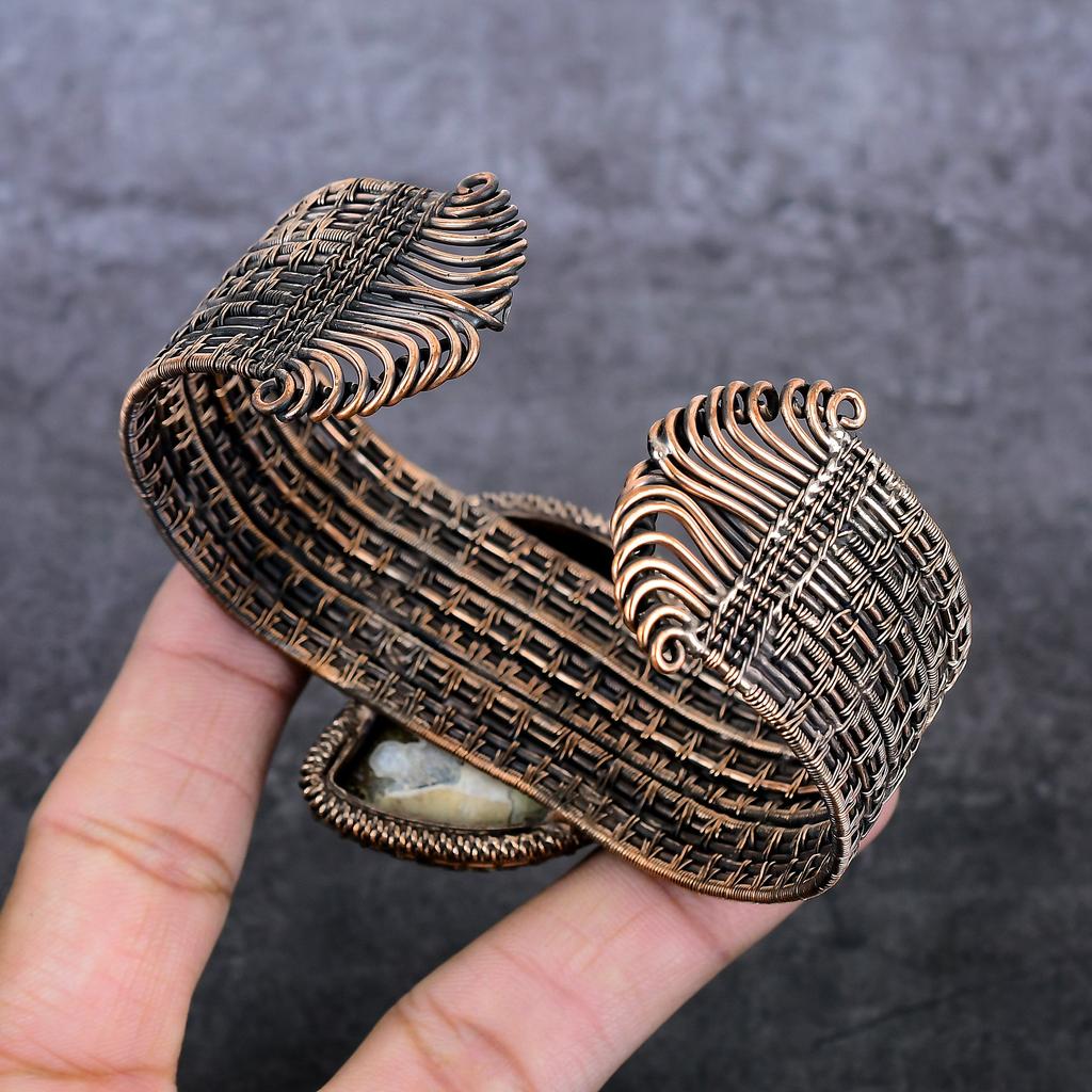 Natural Ammonite Fossil Gemstone Copper Wire Wrap Cuff Bangle Adjustable E7q41