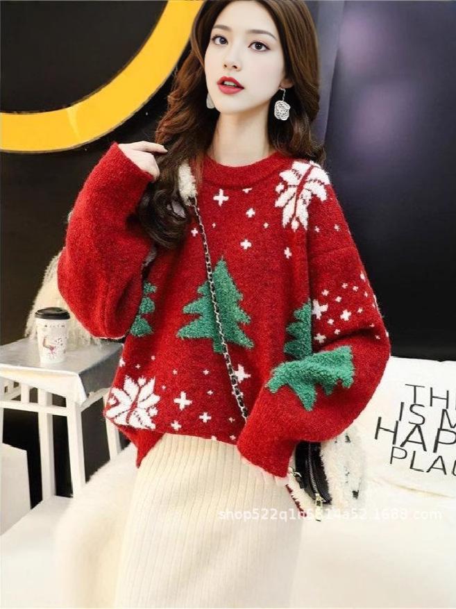 Women's Christmas Sweater: Best Friend Outfit, Autumn/Winter Style, Round Neck, Thick, Loose Slimming Knitwear Top