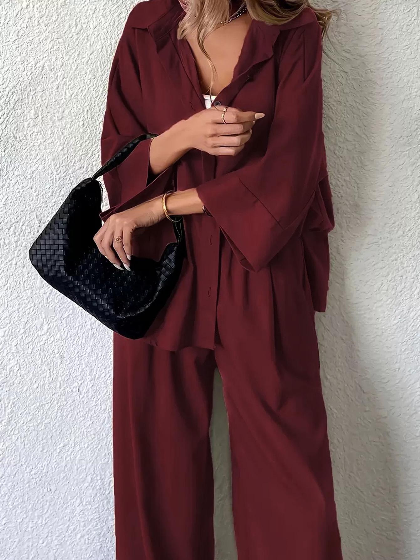 

2026 Spring/Summer Women s Plus Size Loose Shirt & Long Pants Two-Piece Set M вина червоного кольору
