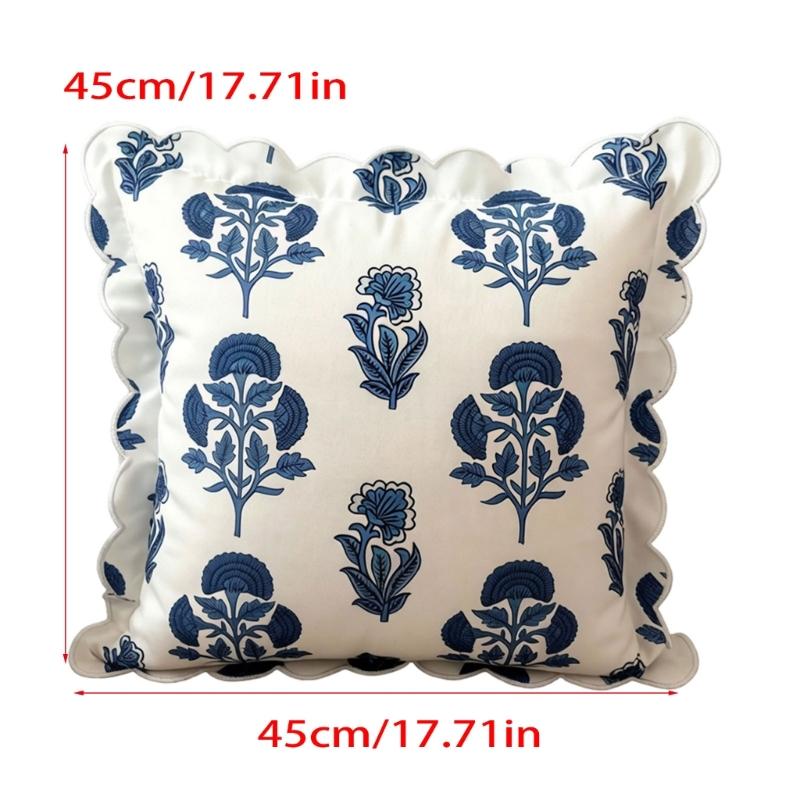 Blue White Flower Print Square Cushion Cover Craft Of Polyester With Ruffled Edges Design