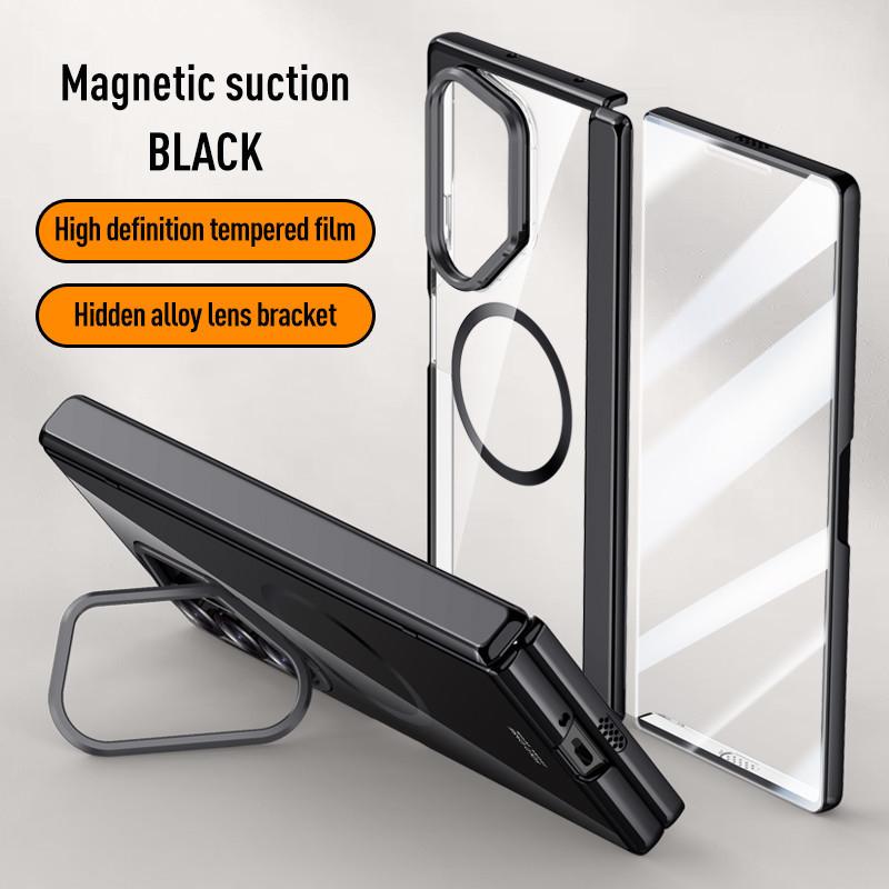 Lens Protect Stand Magnetic Phone Case for Samsung Galaxy Z Fold 6 5G Magsafe Electroplated Hinge Clear Metal Ring Holder Cover