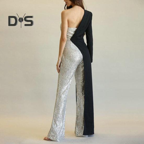 Salopetă pentru femei, cu un umăr, cu o mânecă, haină, rochie, paiete strălucitoare, asimetrică, culoare asortată cu picior lat, talie strânsă, salopetă pentru petrecere de bal