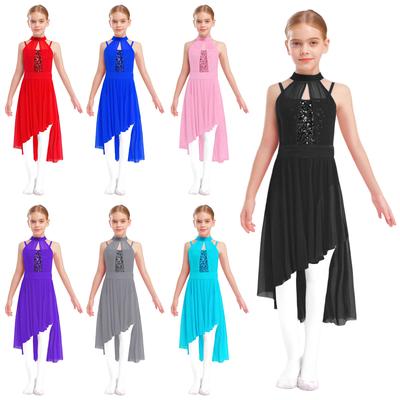Girls Lyrical Dance Dress Sleeveless Shiny Sequins Bodice Asymmetrical Sheer Mesh Performance Costume