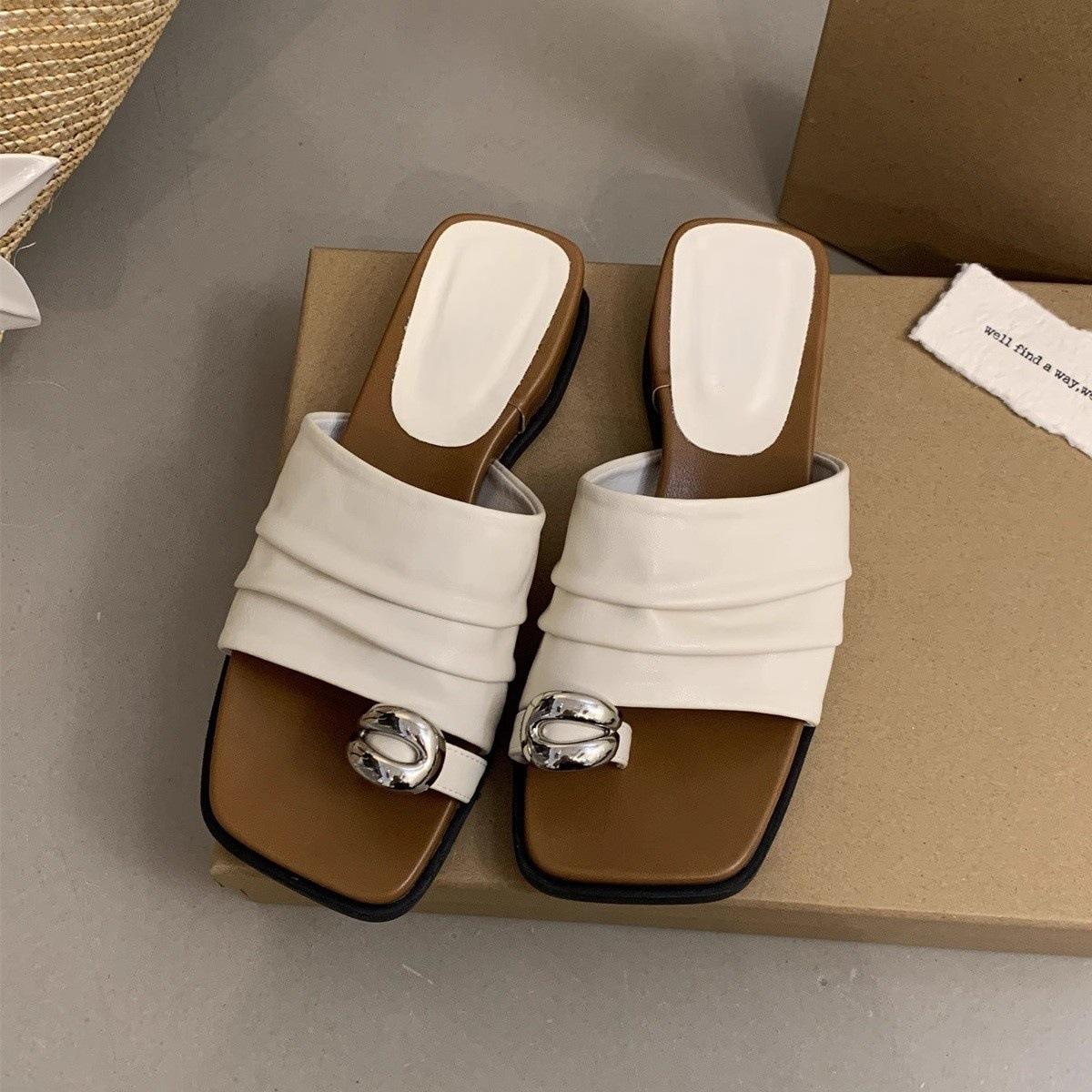 

Thick-soled set of toe folds one-word slippers for women s outer wear summer new wedges sandals with skirts French beautiful sandals 40