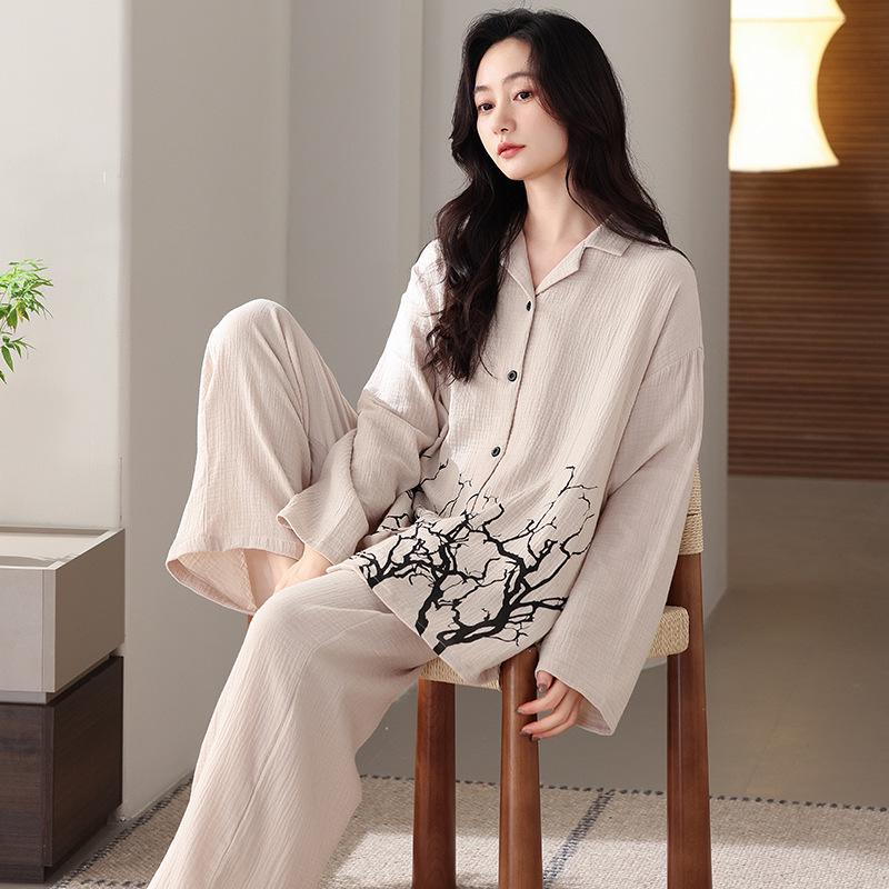 

Class A Double Layer Gauze Women s Cotton Pajamas - Spring/Autumn Long Sleeve, New Chinese Style, Loose Fit, National Style Homewear L for 101-120 lbs