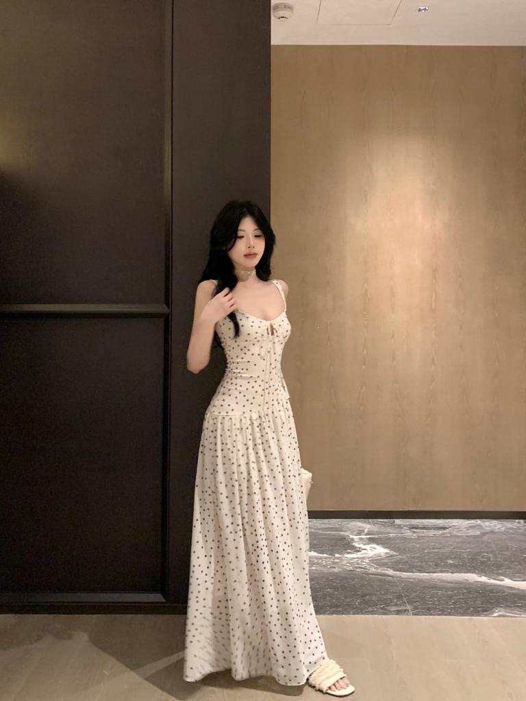 French Pure Waist Pinched White Polka Dot Suspender Dress Women's Summer Pure Desire Temperament Waist Thin Dress