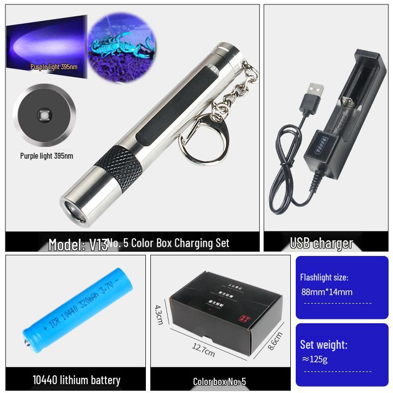 365nm Purple Light Mini Stainless Steel Flashlight Keychain for Antiques, Collectibles & Jade Identification