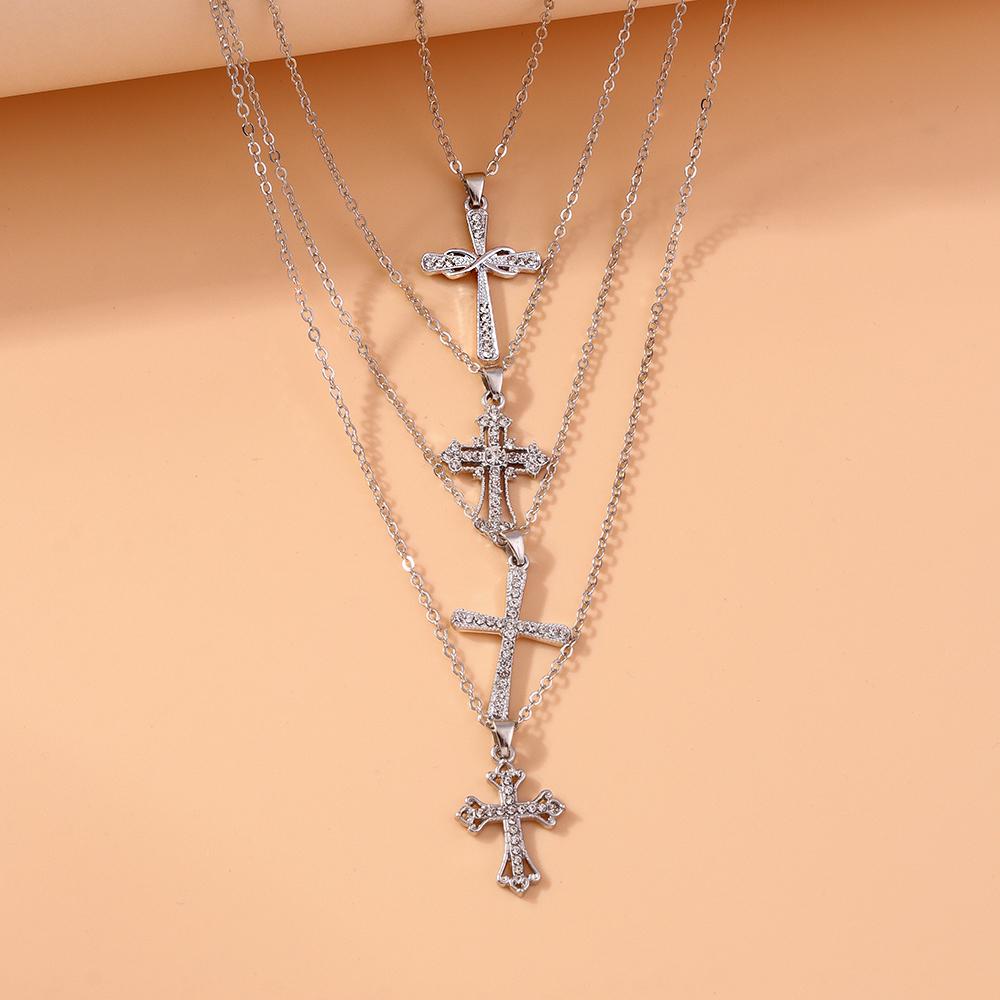 4pcs/Set Fashion Crystal Cross Necklaces for Women Men Religious Pendant Necklaces Chain Party Holiday Jewelry Gift