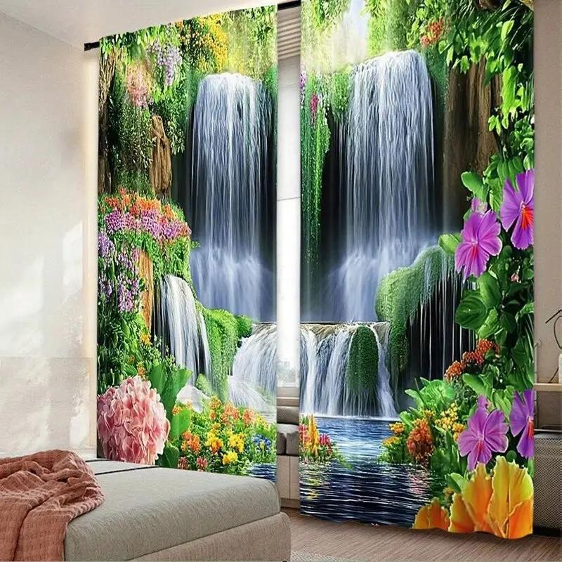 Modern Waterfall Scenery Pole Bag Curtains Bedroom Living Room Decoration Home Curtain Polyester Ideal For Area