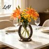 Creative Home Office Ornament Horseshoe Shaped Flower Vase Rustic Metal Frame with Decorative Glass Clear Jar Western Farmhouse Desktop Floral