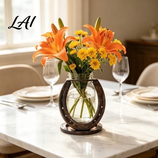 Creative Home Office Ornament Horseshoe Shaped Flower Vase Rustic Metal Frame with Decorative Glass Clear Jar Western Farmhouse Desktop Floral