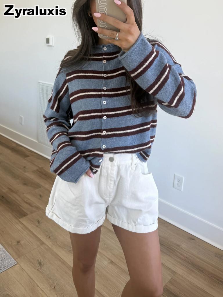 Thin Knit Color Block Cardigan Striped Coat, New Lazy Style Sweater for Women, Spring and Autumn